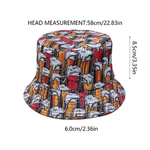 Guide des tailles détaillé du chapeau bob à motif bière montrant les mesures précises