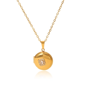 Detailed close-up of golden locket pendant with square gemstone and diamond halo on white