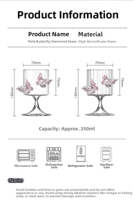 Detailed size specifications for pink butterfly high borosilicate glass champagne cups
