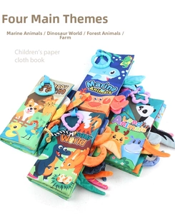 Detail of four colorful crinkle tail books featuring ocean, forest, and farm themes