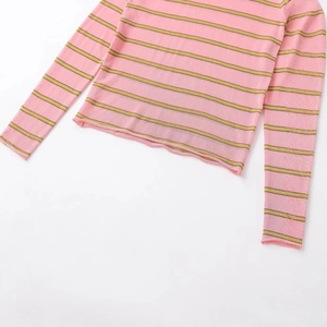 Fashionable pink and green striped long sleeve knit sweater with a classic crew neck design