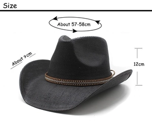 Detail showing dimensions of gray woven western cowboy hat with studded leather band