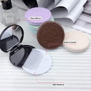 Chocolate cookie shaped portable mirror and comb set in pastel colors with ABS material