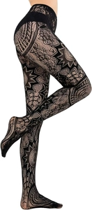 Detailed close-up of black hollow-out lace tights with floral and geometric sun god pattern