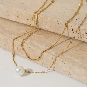Double Layer Stainless Steel Necklace With Shell Artificial Pearl Pendant Beaded Chain Waterproof Elegant Clavicle Jewelry For Women