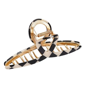 Elegant checkerboard acetate hair claw clip with golden metal teeth for women