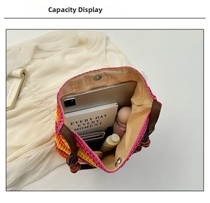 Top view of woven rainbow tote bag showing large capacity for tablet and daily items