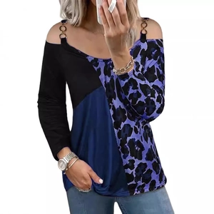 Cold shoulder leopard print long sleeve top with metal chain details and V-neckline