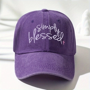 Detail of purple cotton baseball cap featuring Simply Blessed embroidery and cross
