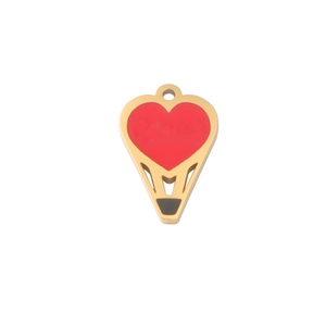 Detailed view of a gold-plated heart hot air balloon pendant with red and black enamel