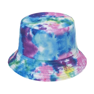 Detailed view of tie-dye bucket hat stitching and colorful twill cotton fabric texture