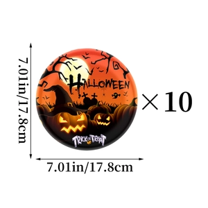 Detail of 10-piece Halloween pumpkin plates with 17.8cm size measurements and spooky art