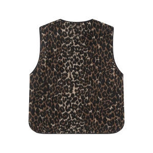 Women's leopard print fleece puffer vest in brown and black with thick reversible texture