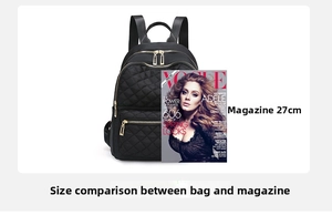 Detail of black quilted Oxford backpack showing gold hardware and size vs magazine