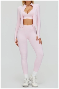 Ensemble de yoga rose clair 3 pièces avec veste zippée, brassière de sport et legging taille haute