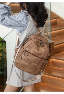 Dettaglio zaino in pelle PU marrone con cerniere ad anello e tracolla geometrica