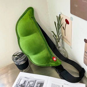 Cute green pea pod plush crossbody bag for women with soft fabric and black strap