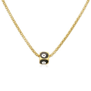 Macro shot of gold-plated square evil eye pendant on thick popcorn chain necklace