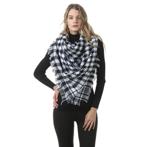 Large black and white houndstooth cashmere-feel scarf with elegant fringe tassels