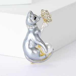 Elegant enamel cat brooch with pearl necklace and rhinestone butterfly on white base