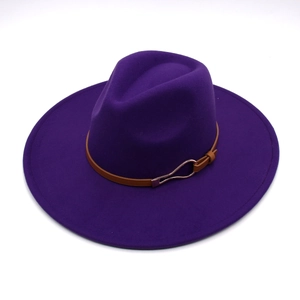 Detailed view of dark purple felt fedora hat featuring a brown leather belt with metal buckle