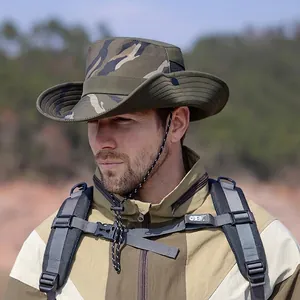 Outdoor camouflage sun hat with wide brim and adjustable wind rope for men hiking or fishing
