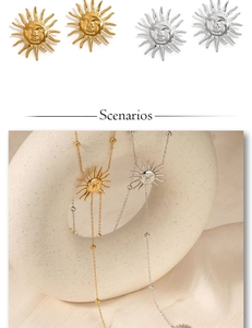 Detail of sun face necklaces in gold and silver finish with beaded long chains