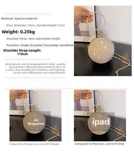 Detailed size comparison of champagne spherical evening bag with rhinestones and metal handle