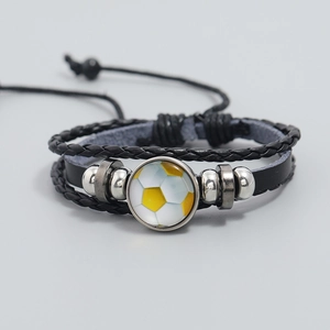 Multi-layer leather football charm bracelet with woven ropes and metallic soccer beads