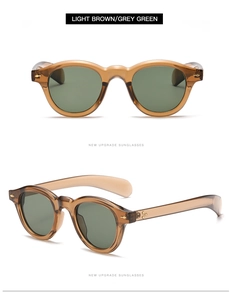 Retro round sunglasses with light brown frame and grey green lenses showing dual view angles