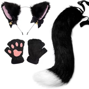 Detail of plush black cat ears with bells, paw gloves, and tail for cosplay costumes