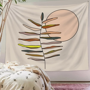 Minimalist boho tapestry with abstract sun and leaf lines for modern wall decor