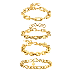 Set of four chunky gold stainless steel bracelets with geometric and textured links