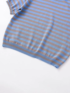 Detailed close-up of blue and brown striped knit sweater with ribbed hem and cuffs