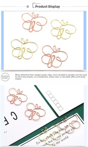 Detailed view of butterfly shaped paperclips in rose gold and gold metallic finishes