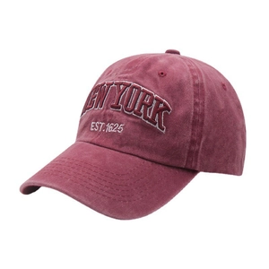 Vintage burgundy washed cotton baseball cap with New York embroidery and distressed finish