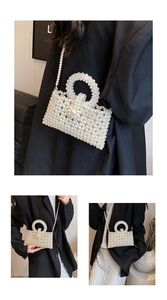 Macro shot of hand-woven pearl evening bag featuring large pearl clasp and bead texture