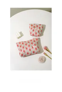 Detail of floral makeup bag set with premium knitted texture and elegant zipper finish