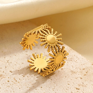 18K gold plated stainless steel sunburst ring with adjustable open band design