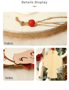 Detailed view of wooden Christmas ornaments featuring hand-painted faces and hemp rope