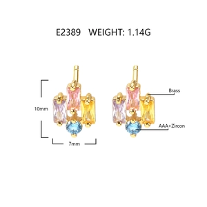 Detailed view of colorful zircon geometric earrings in 18k gold-plated brass base