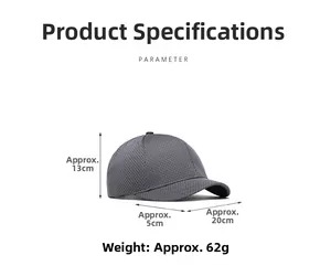 Mesh baseball cap detail showing dimensions 13cm height and 5cm short brim in grey