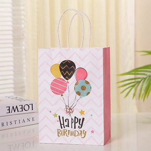 Pink and white wave pattern gift bag with colorful balloons and Happy Birthday text