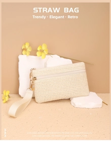 Detail der Stroh-Clutch mit Webstruktur Doppelreißverschluss und abnehmbarer Handschlaufe