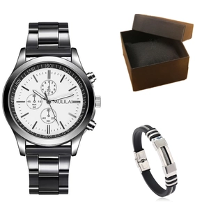 Coffret cadeau pour homme avec montre à trois cadrans argentée et bracelet en caoutchouc