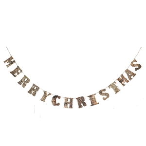 Rustic bark Merry Christmas wooden banner hanging decoration on white background