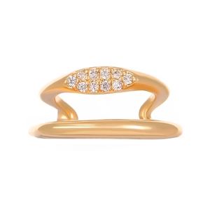 Detail of a double-layered golden ear cuff featuring shimmering zircon stone inlay