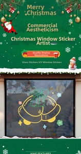 Detailed Christmas window decal featuring yellow bells with green bows and UV floral design
