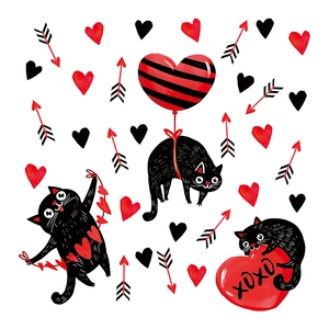 Cartoon black cat wall stickers with red heart balloons for Valentines Day decoration