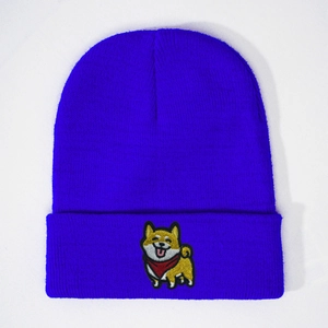 Bonnet en tricot bleu électrique avec broderie Shiba Inu et revers élégant pour hiver